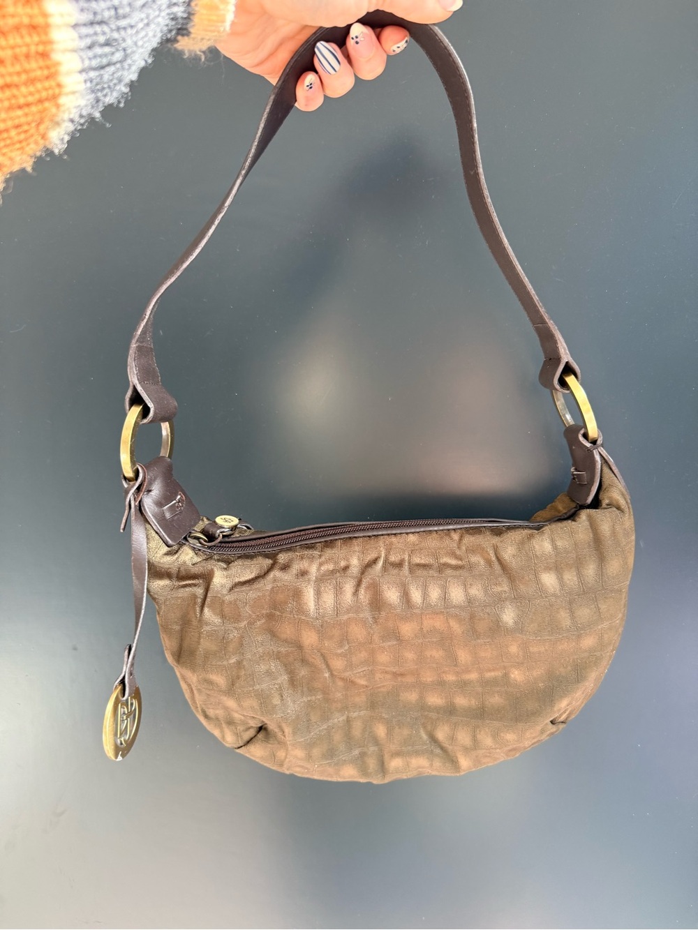 Donald J. Pliner Bronze-Brown Croc-Texture Shoulder Bag with Brass Hardware